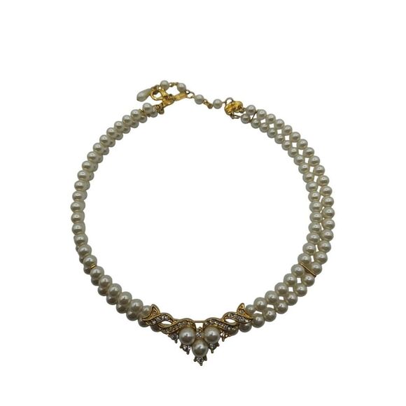 Christina Collection Multi Chain Gold Tone Faux Pearl Rhinestone Choker - Picture 1 of 8